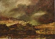 Stadt auf einem Hugel bei sturmischem Wetter Rembrandt